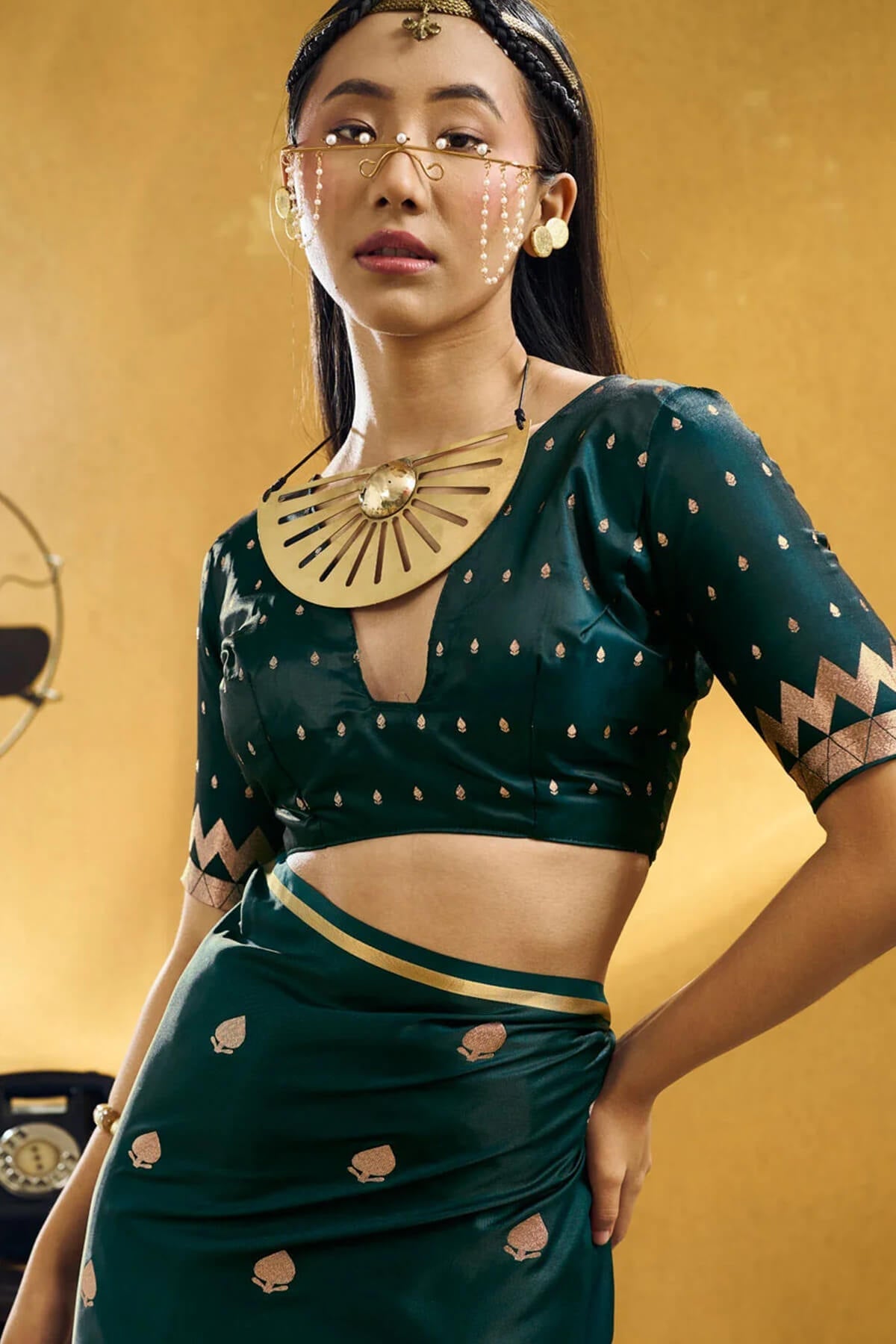Snappy Dark Green Banarasi Satin Silk Saree With Designer Blouse