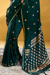 Snappy Dark Green Banarasi Satin Silk Saree With Designer Blouse