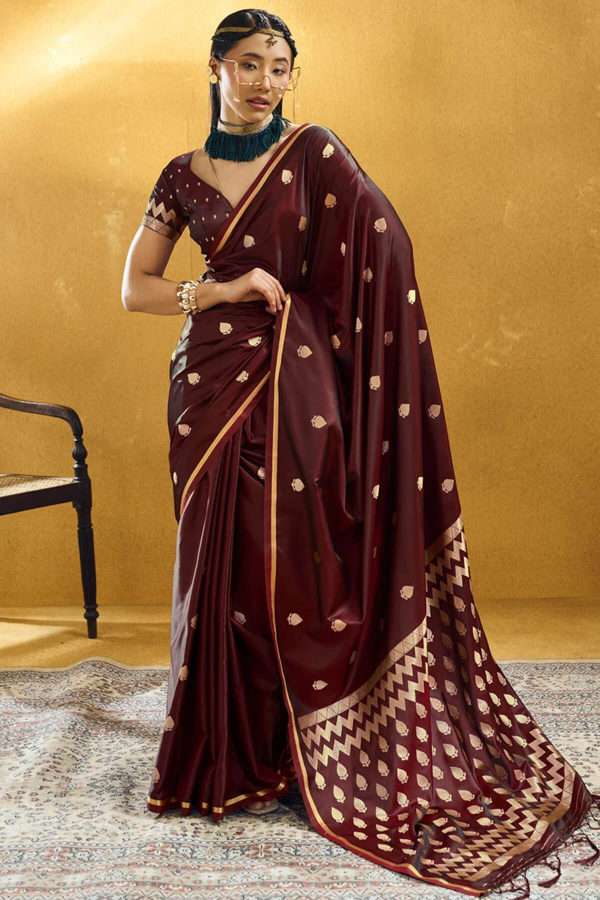 Trendy Brown Banarasi Satin Silk Saree With Ailurophile Blouse