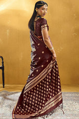 Trendy Brown Banarasi Satin Silk Saree With Ailurophile Blouse