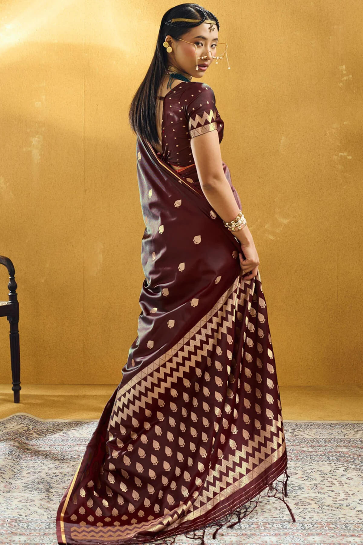Trendy Brown Banarasi Satin Silk Saree With Ailurophile Blouse