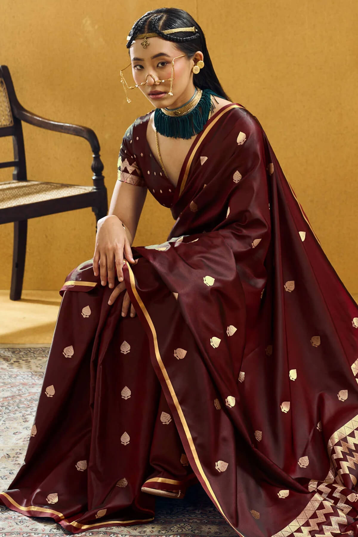 Trendy Brown Banarasi Satin Silk Saree With Ailurophile Blouse
