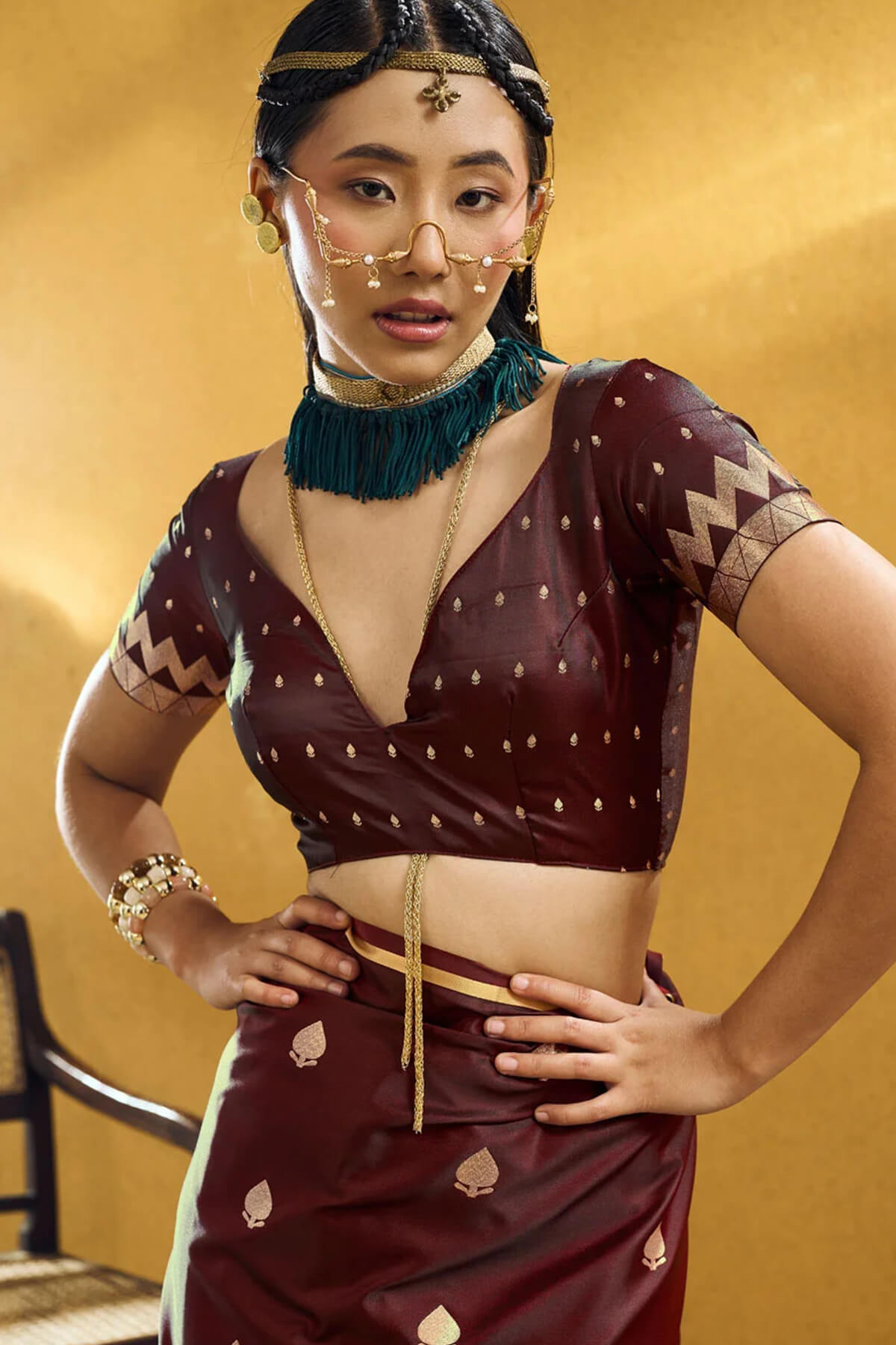 Trendy Brown Banarasi Satin Silk Saree With Ailurophile Blouse