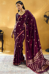 Inspiring Wine Banarasi Satin Silk Saree With Grandiose Blouse