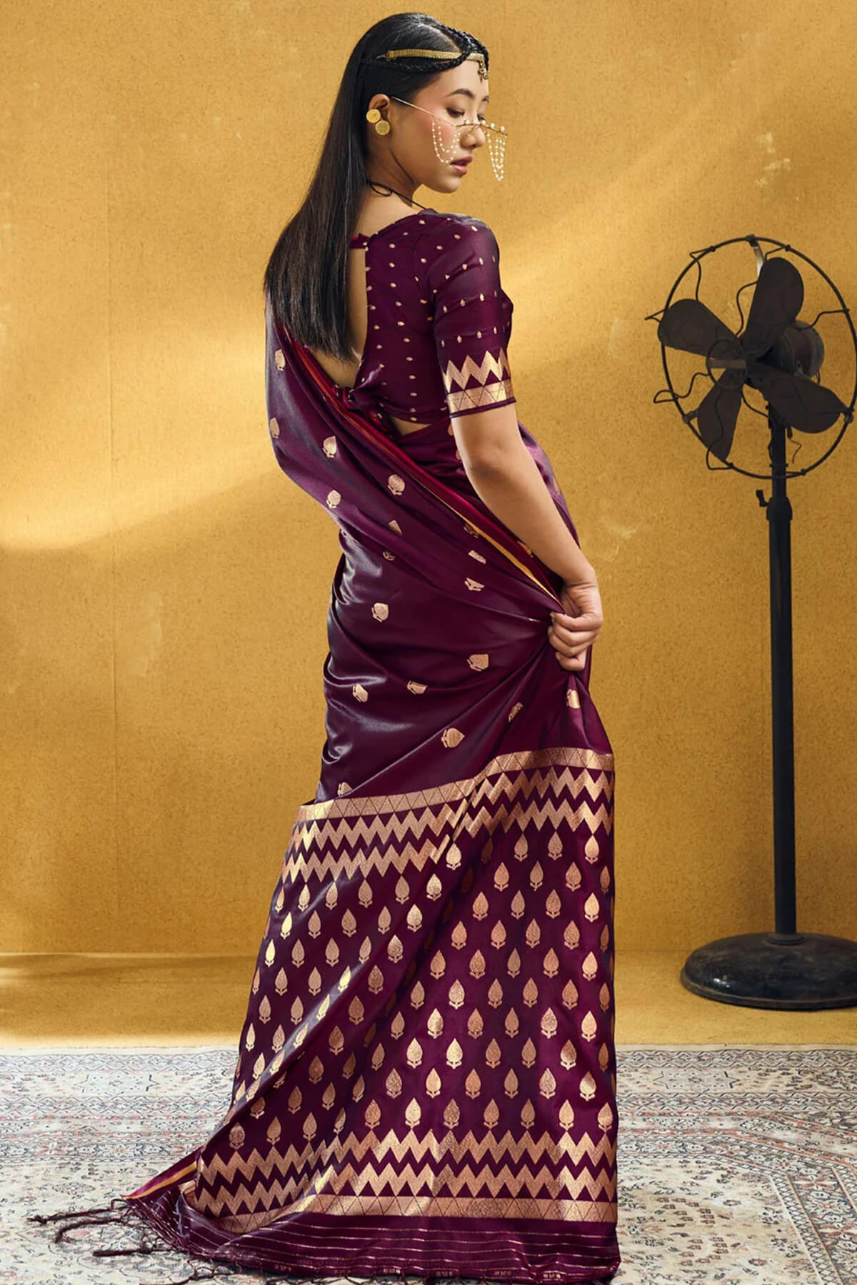Inspiring Wine Banarasi Satin Silk Saree With Grandiose Blouse