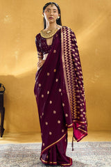 Inspiring Wine Banarasi Satin Silk Saree With Grandiose Blouse