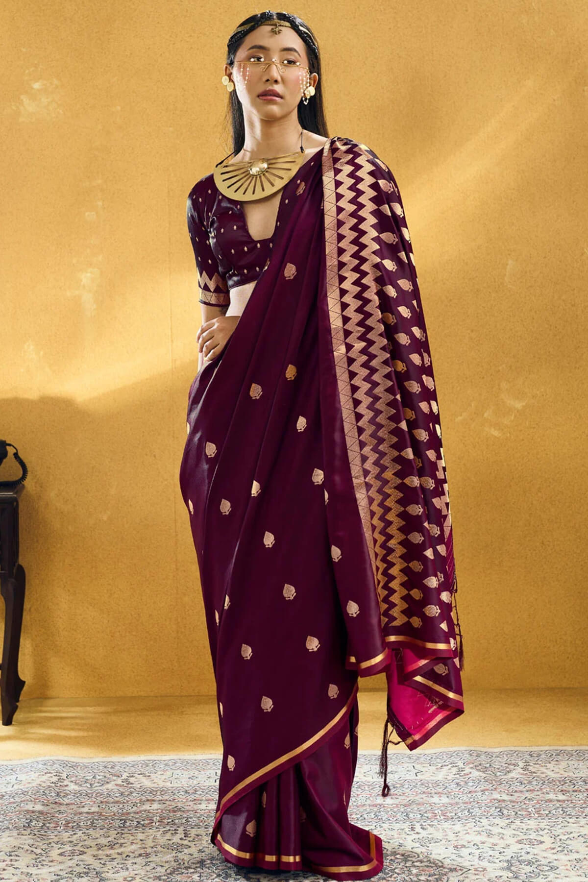 Inspiring Wine Banarasi Satin Silk Saree With Grandiose Blouse