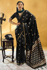 Embellished Black Banarasi Satin Silk Saree With Classy Blouse