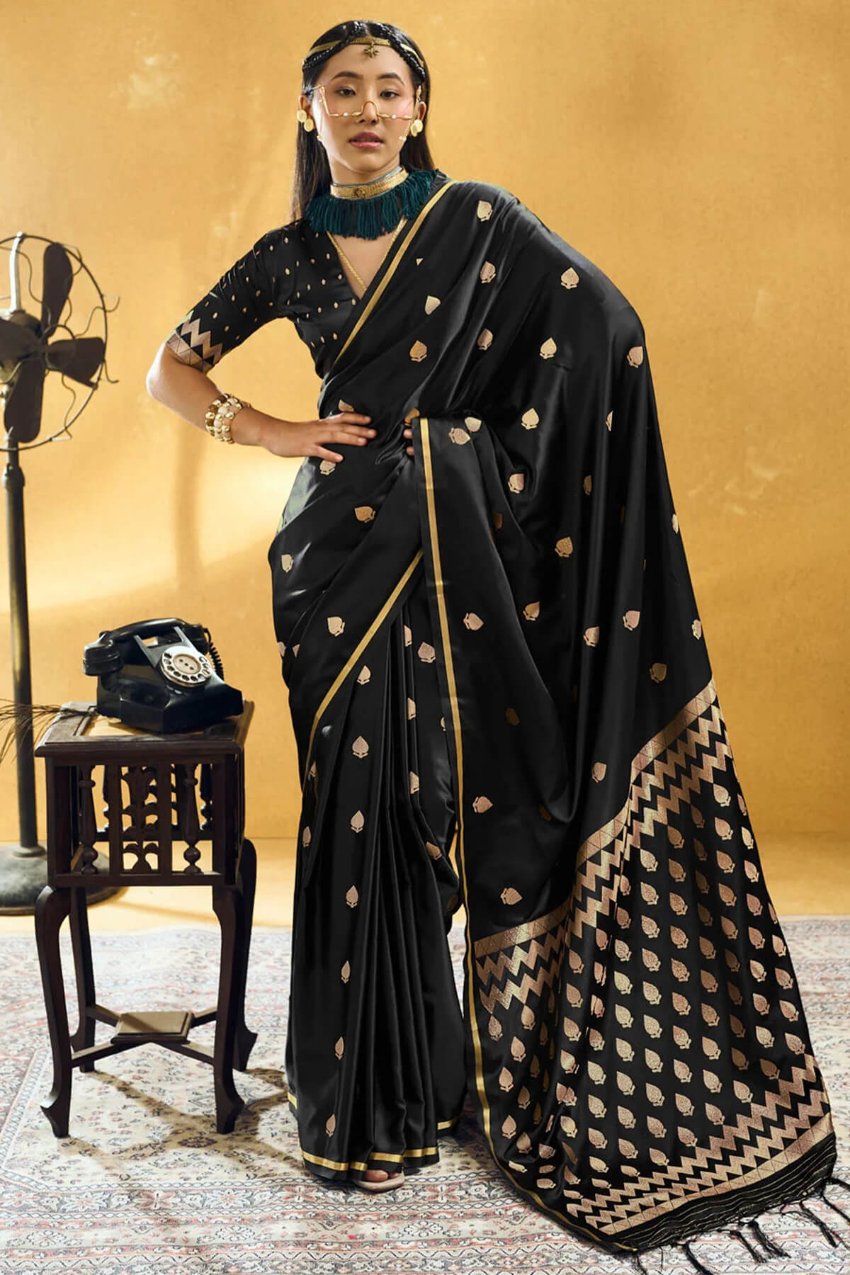 Embellished Black Banarasi Satin Silk Saree With Classy Blouse