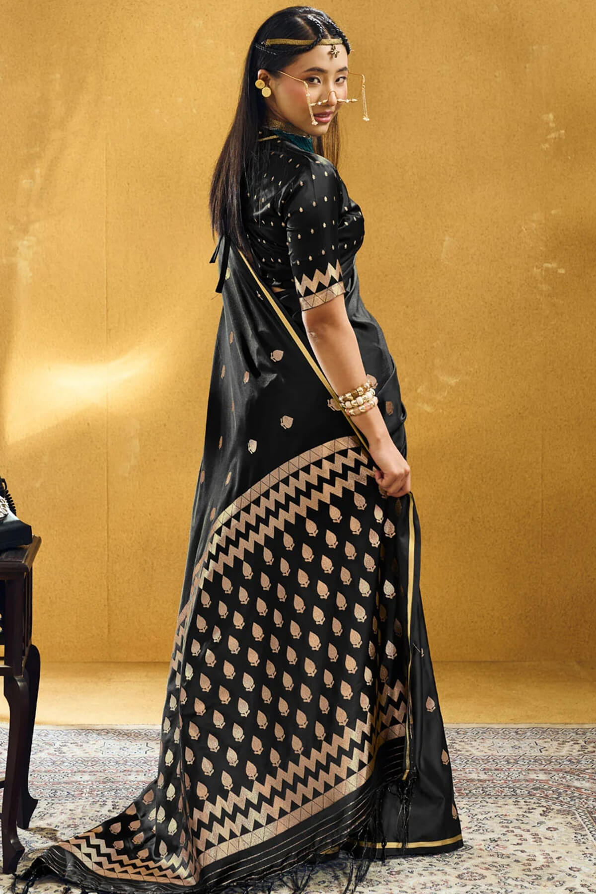 Embellished Black Banarasi Satin Silk Saree With Classy Blouse