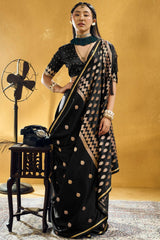 Embellished Black Banarasi Satin Silk Saree With Classy Blouse