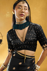 Embellished Black Banarasi Satin Silk Saree With Classy Blouse