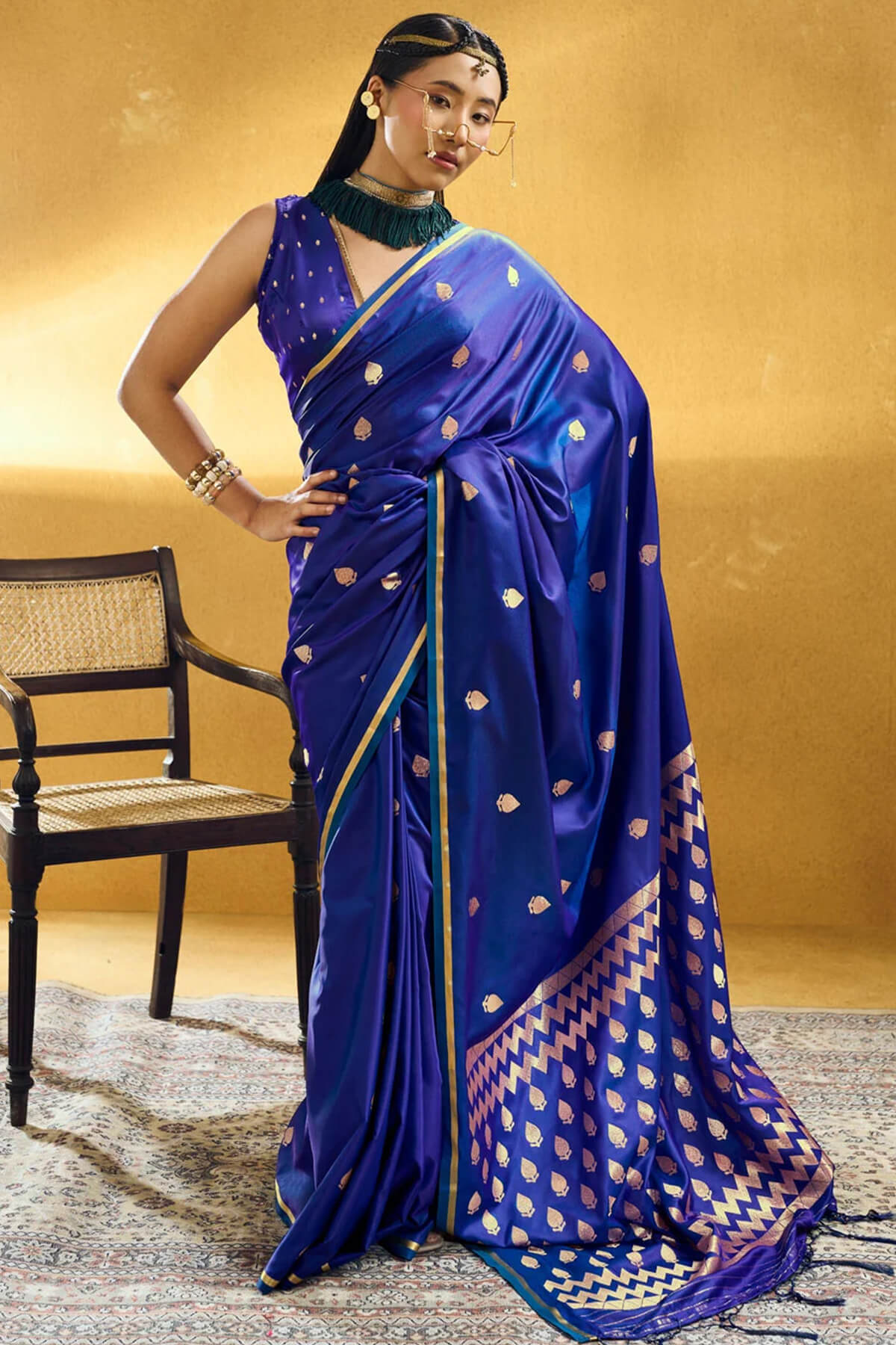 Staggering Royal Blue Banarasi Satin Silk Saree With Girlish Blouse
