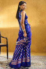 Staggering Royal Blue Banarasi Satin Silk Saree With Girlish Blouse