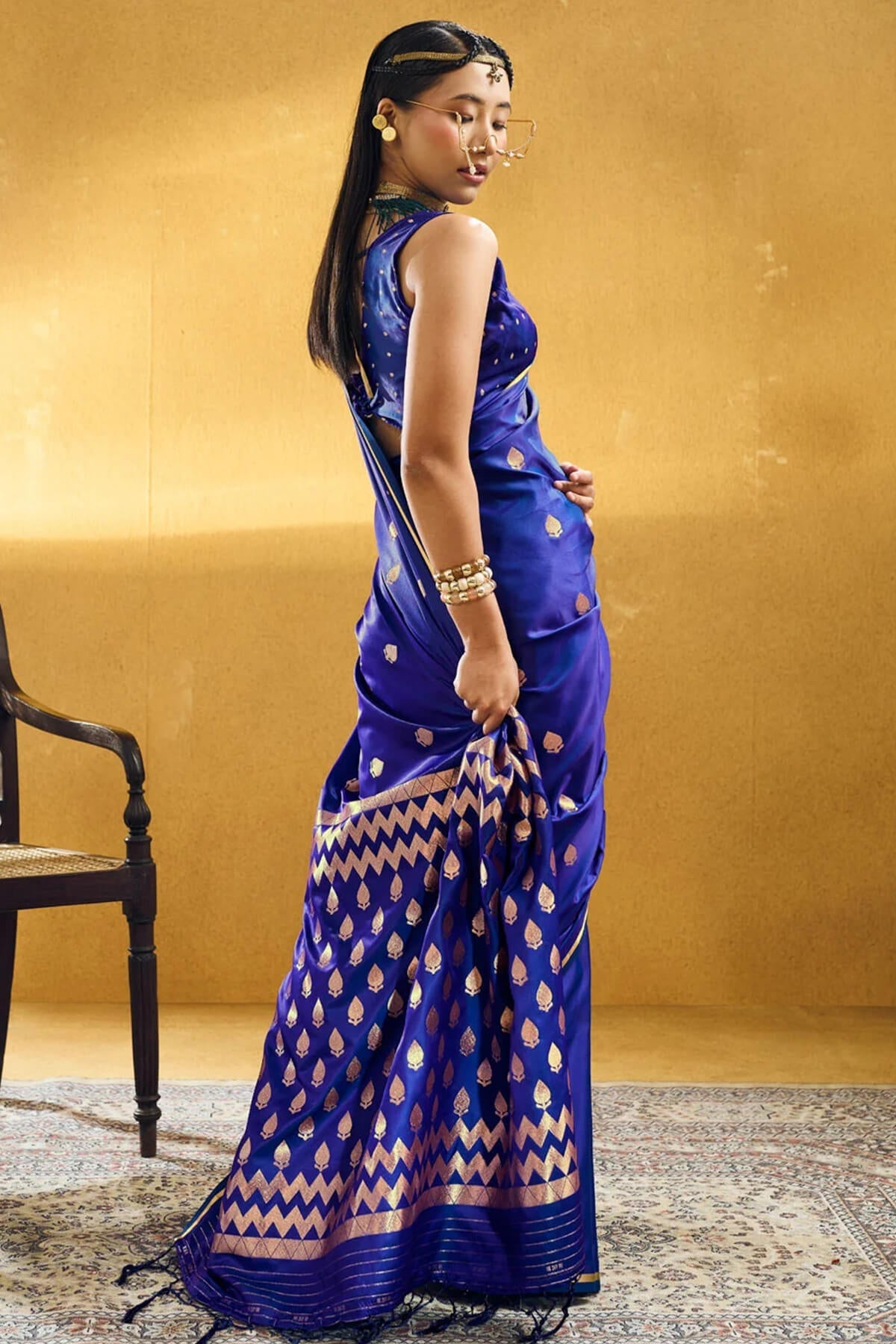 Staggering Royal Blue Banarasi Satin Silk Saree With Girlish Blouse
