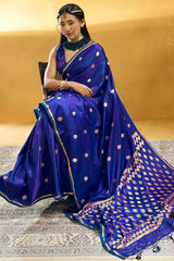 Staggering Royal Blue Banarasi Satin Silk Saree With Girlish Blouse
