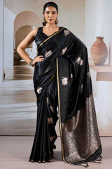 Enthralling Black Banarasi Satin Silk Saree With Demesne Blouse