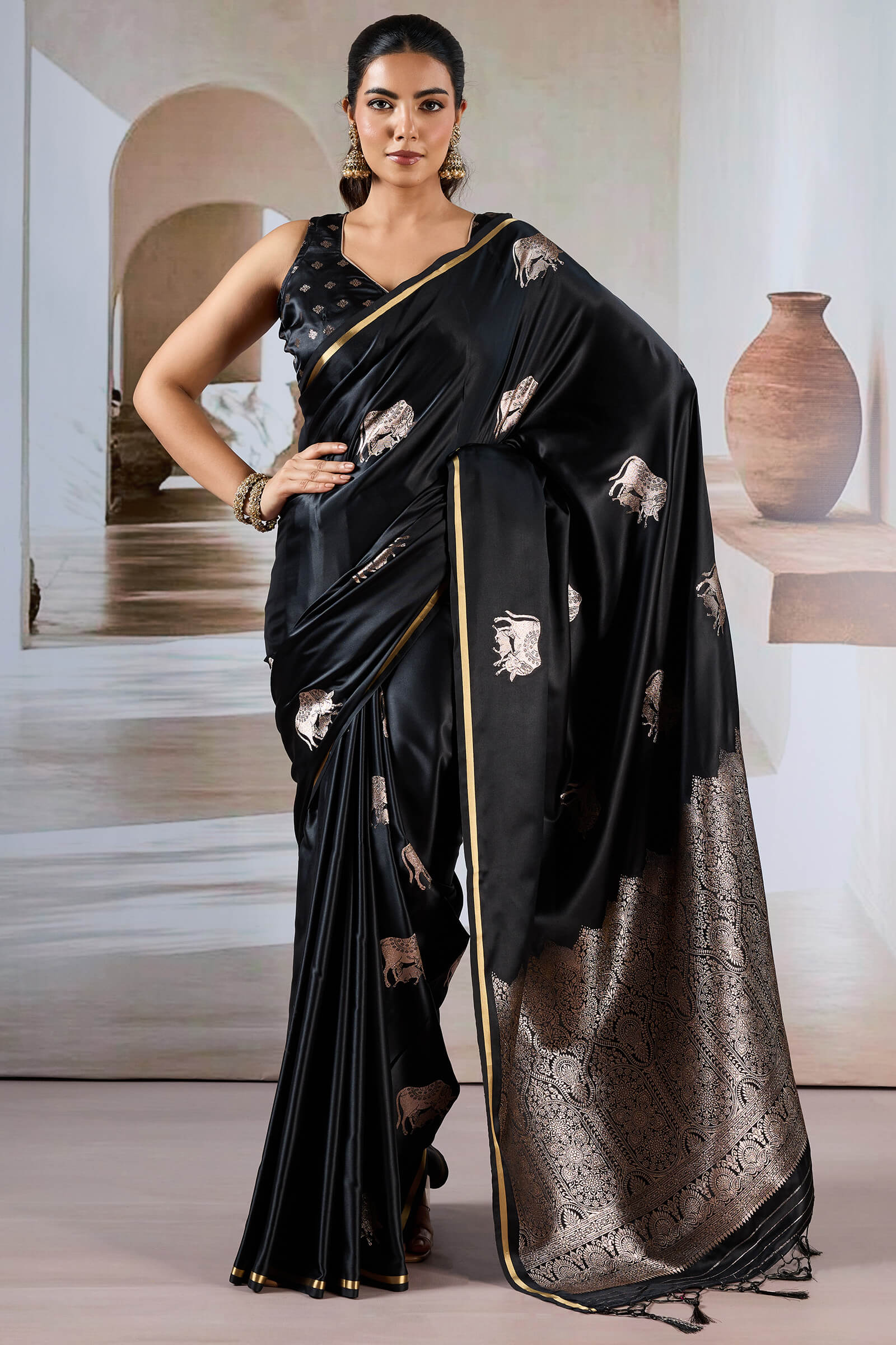 Enthralling Black Banarasi Satin Silk Saree With Demesne Blouse