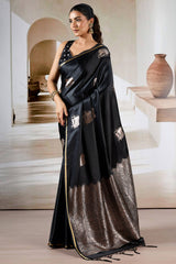 Enthralling Black Banarasi Satin Silk Saree With Demesne Blouse