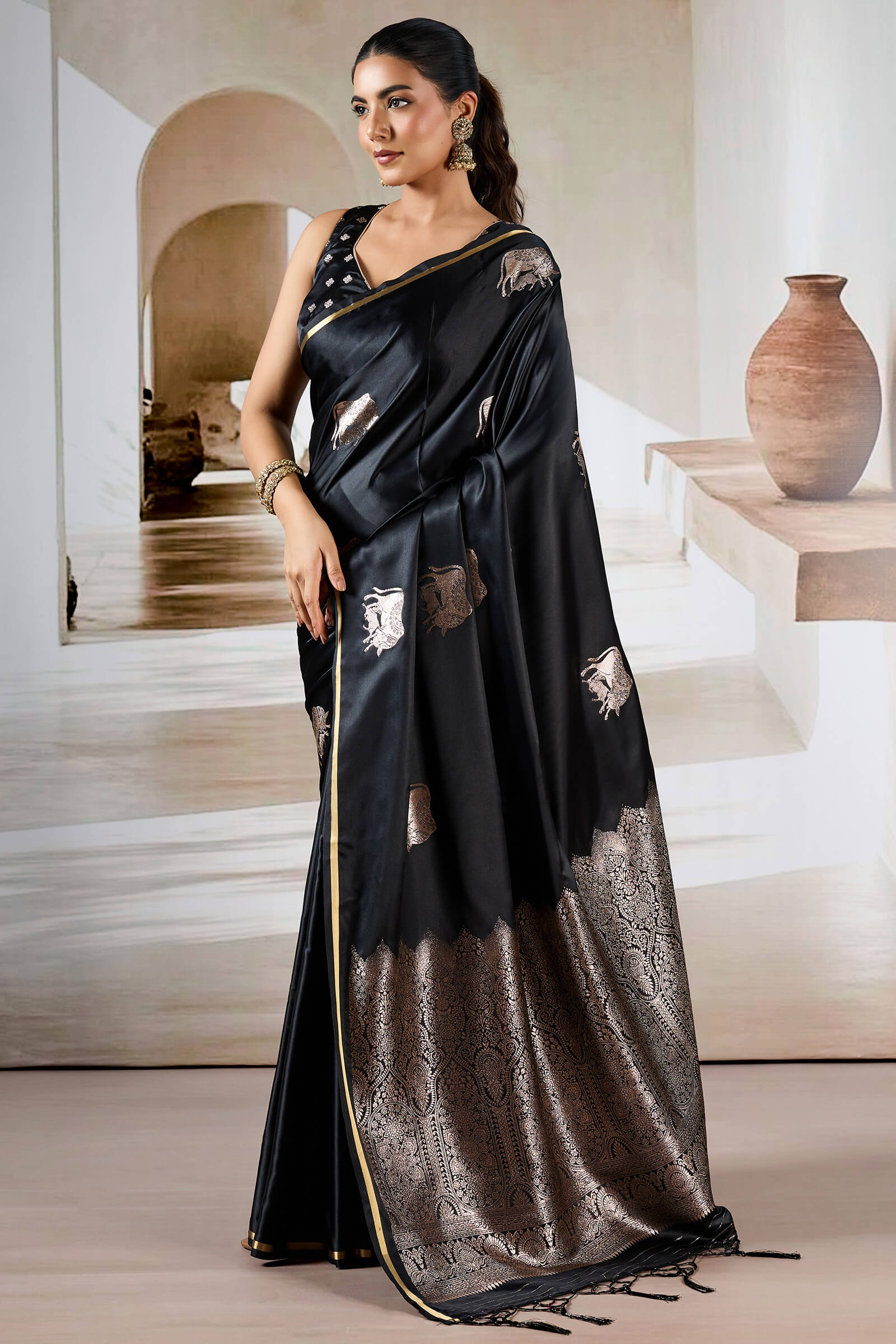 Enthralling Black Banarasi Satin Silk Saree With Demesne Blouse