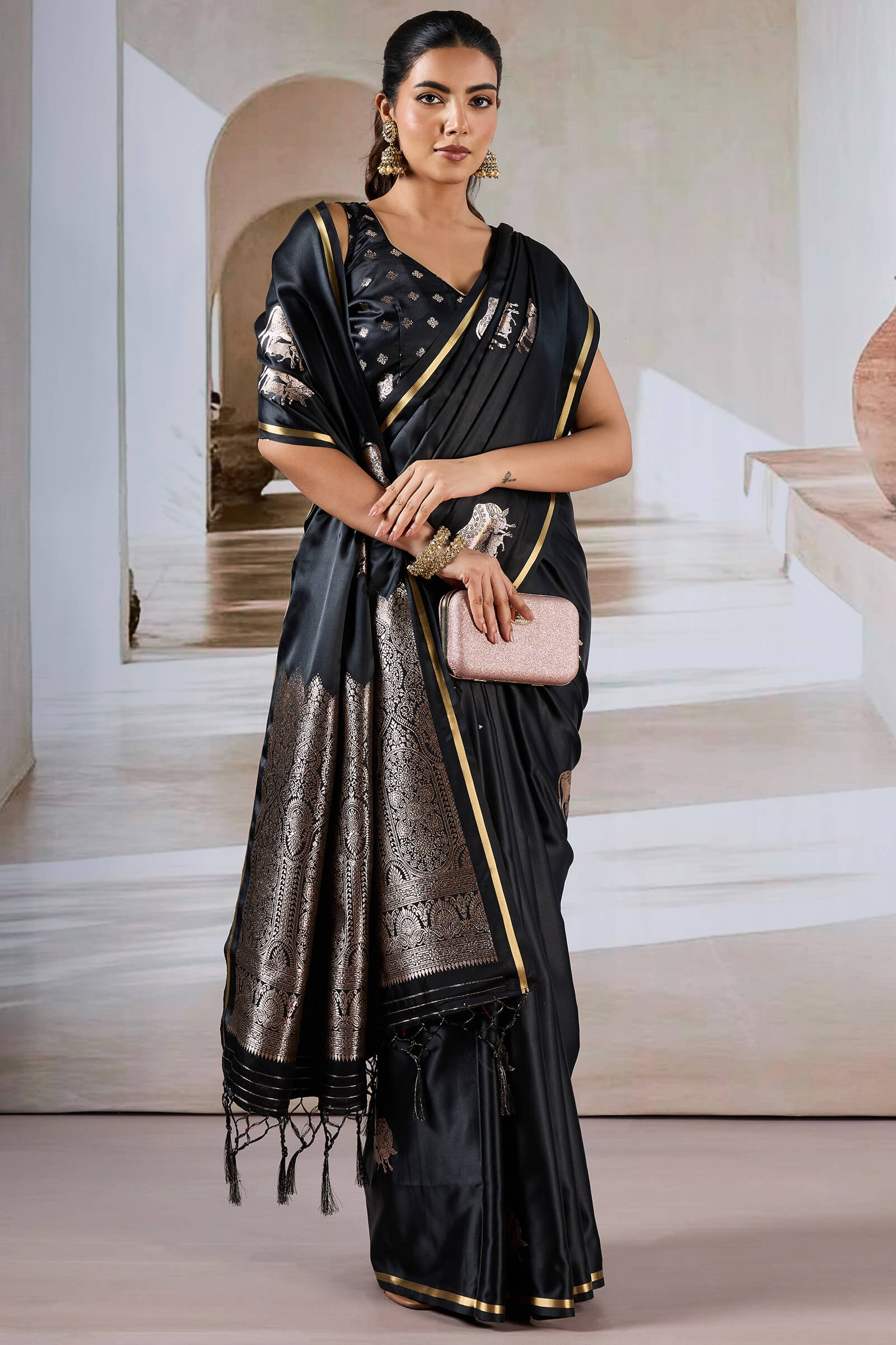 Enthralling Black Banarasi Satin Silk Saree With Demesne Blouse