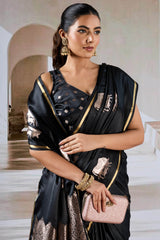Enthralling Black Banarasi Satin Silk Saree With Demesne Blouse