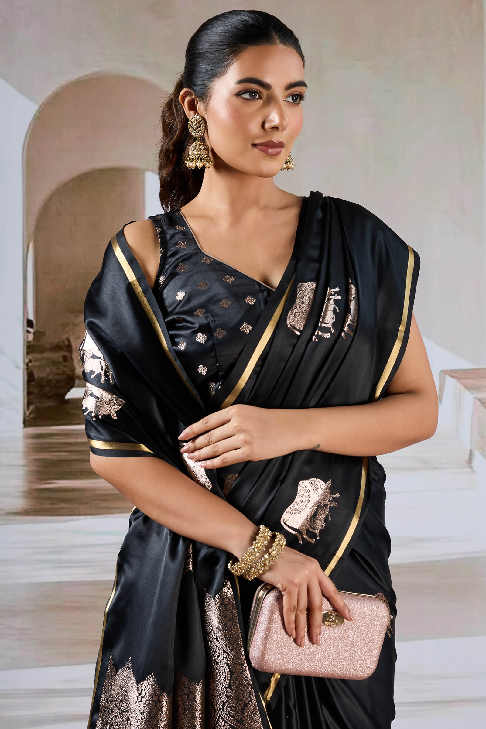 Enthralling Black Banarasi Satin Silk Saree With Demesne Blouse