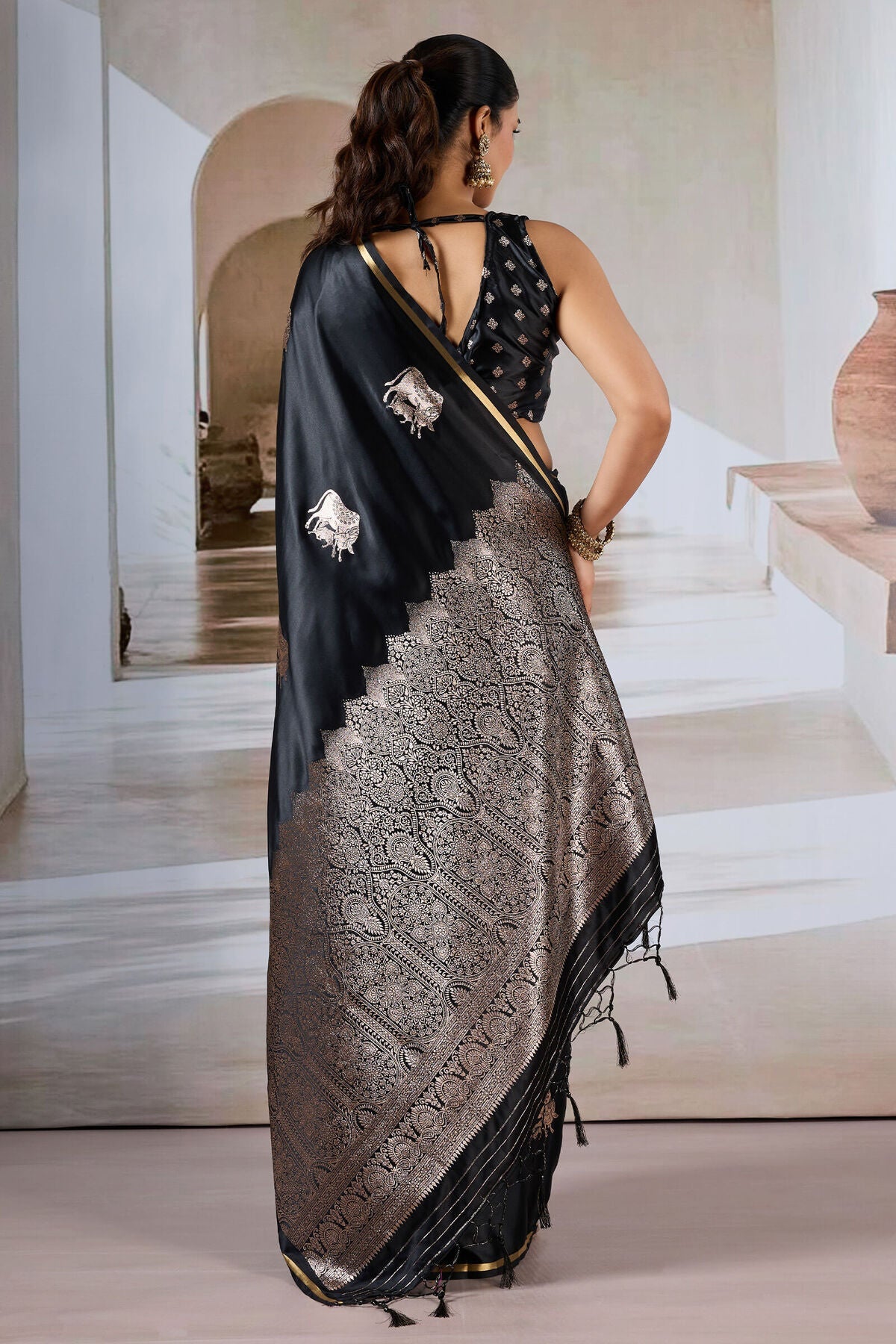 Enthralling Black Banarasi Satin Silk Saree With Demesne Blouse