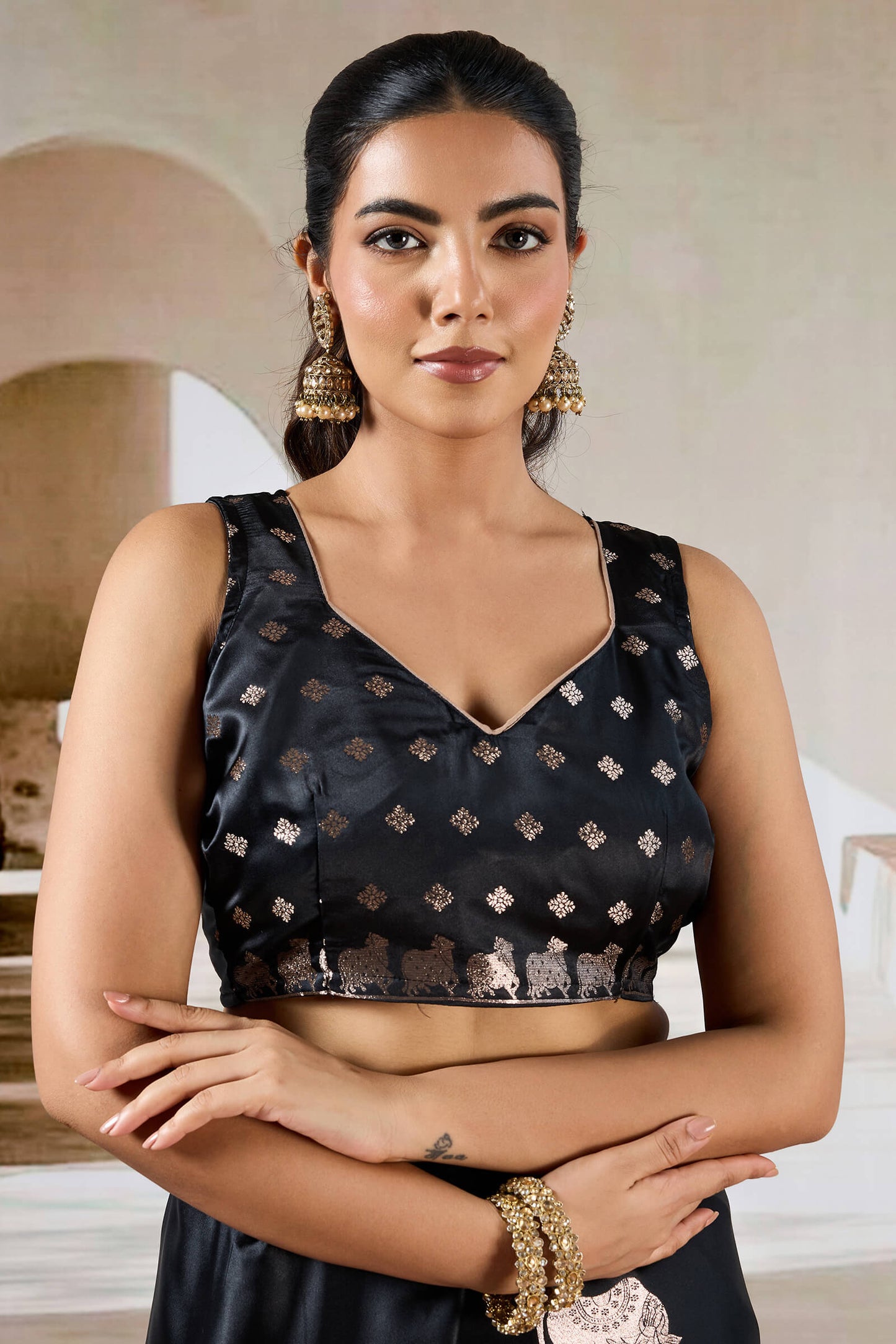 Enthralling Black Banarasi Satin Silk Saree With Demesne Blouse