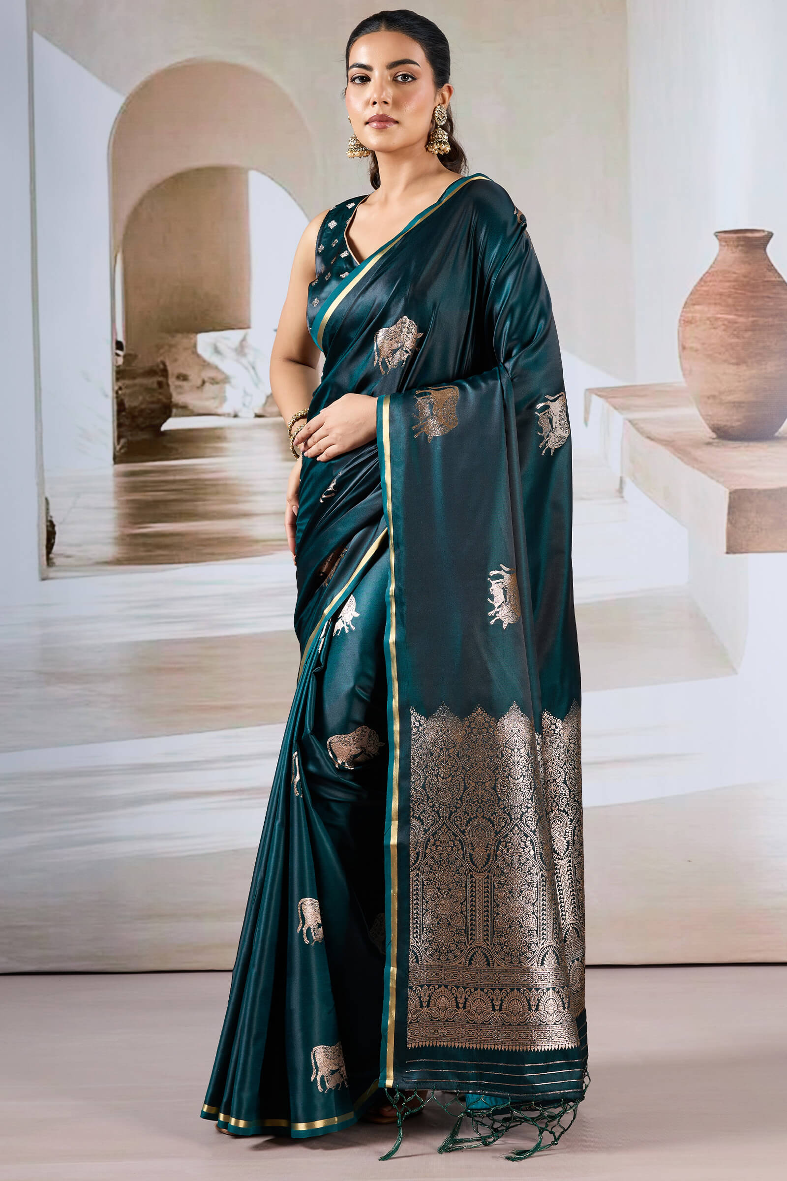 Efflorescence Dark Green Banarasi Satin Silk Saree With Angelic Blouse