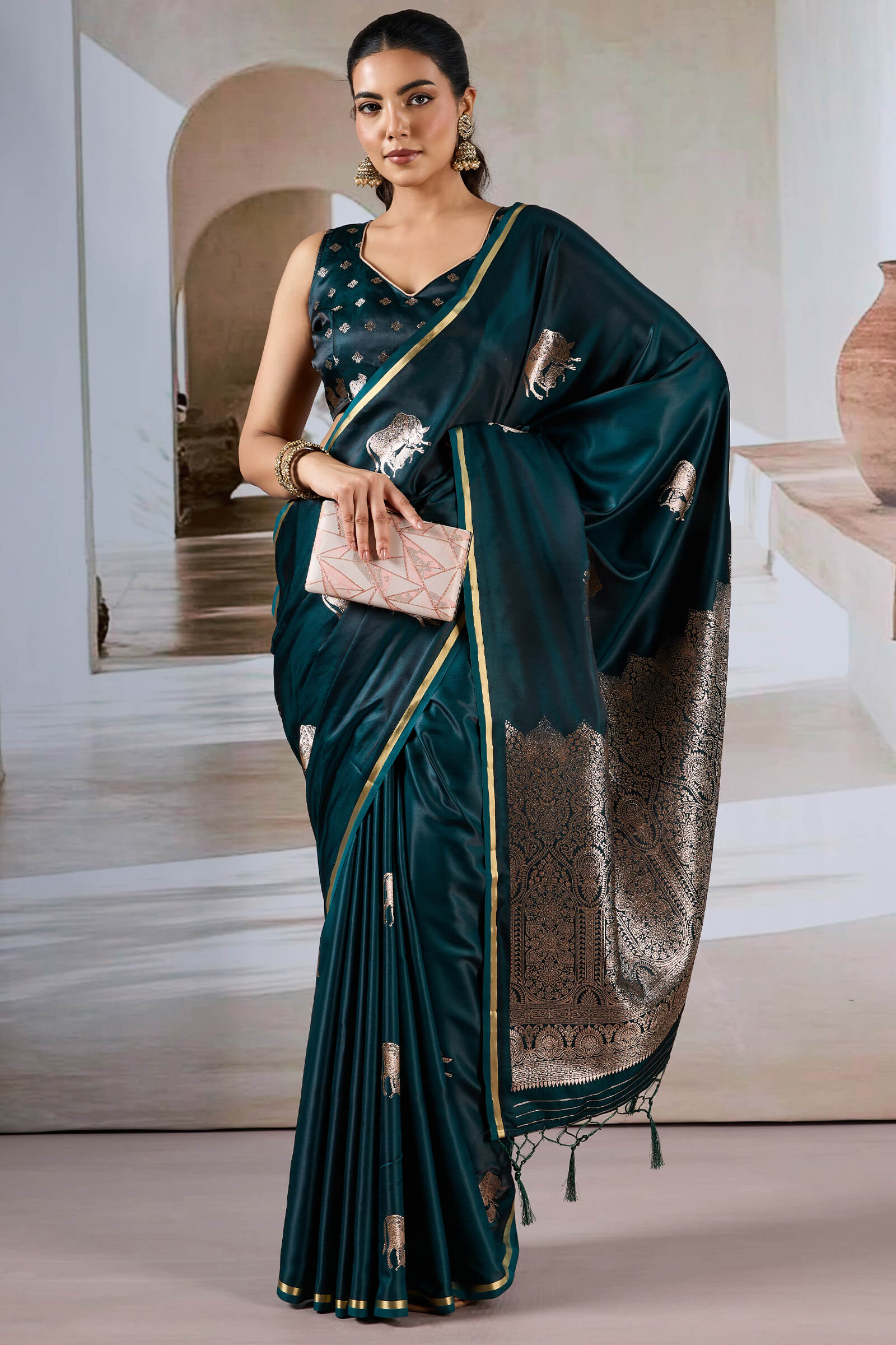 Efflorescence Dark Green Banarasi Satin Silk Saree With Angelic Blouse