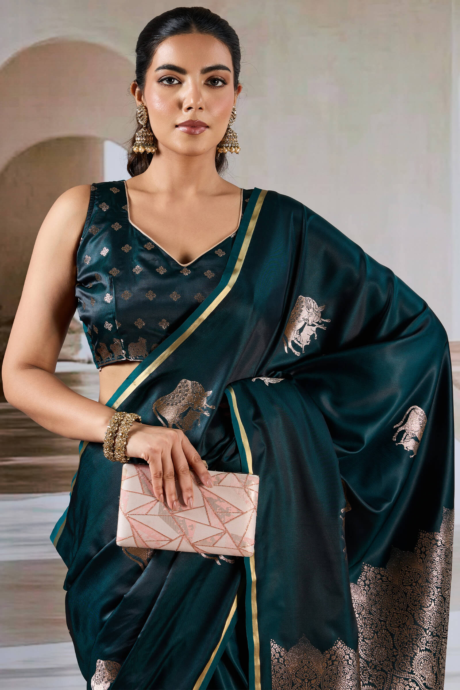 Efflorescence Dark Green Banarasi Satin Silk Saree With Angelic Blouse