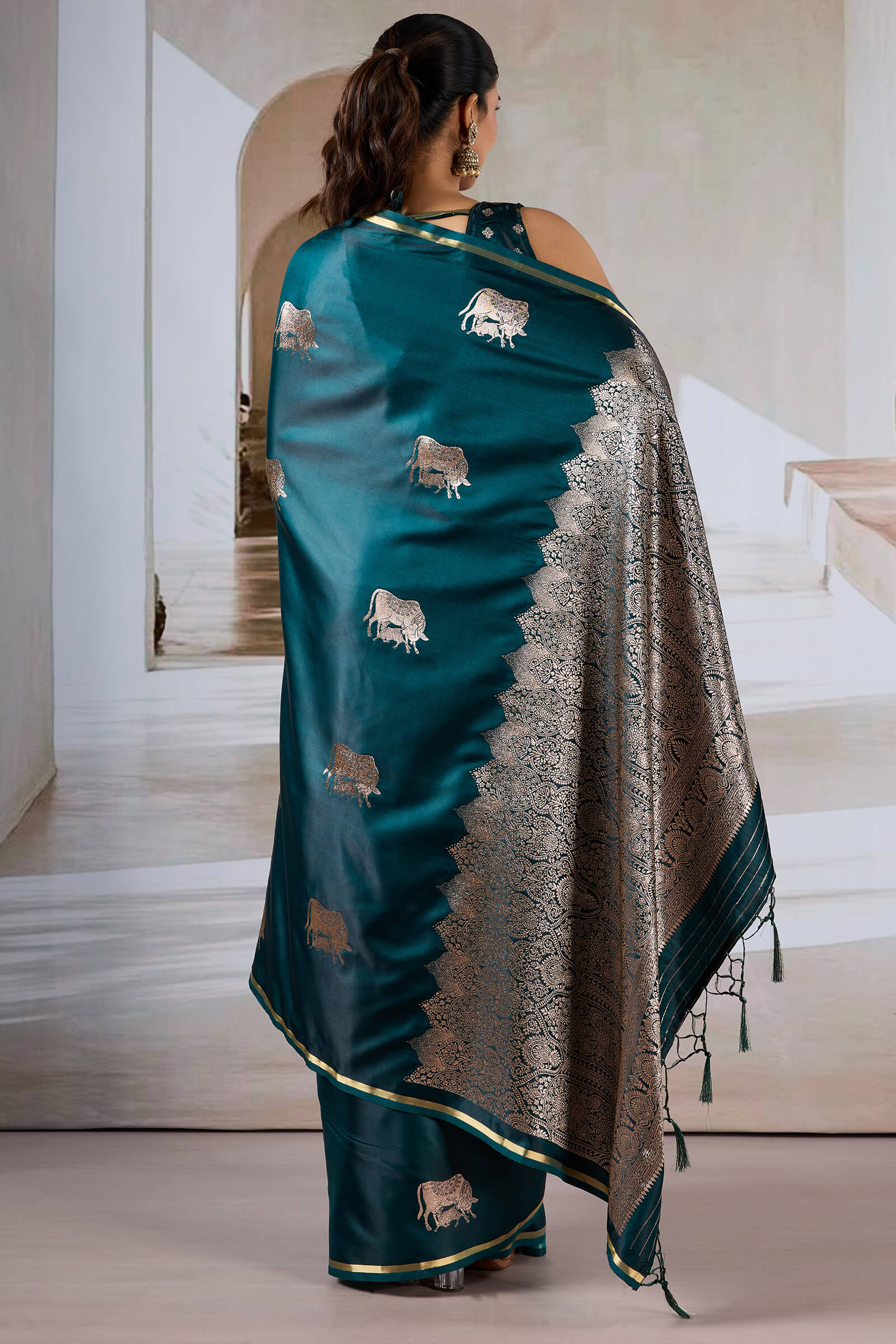 Efflorescence Dark Green Banarasi Satin Silk Saree With Angelic Blouse