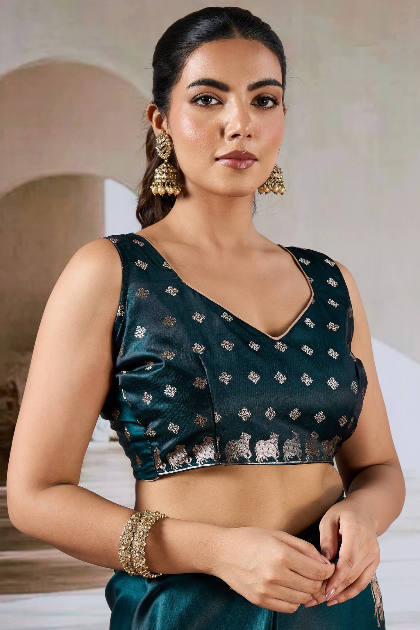 Efflorescence Dark Green Banarasi Satin Silk Saree With Angelic Blouse