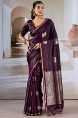 Dazzling Wine Banarasi Satin Silk Saree With Fairytale Blouse