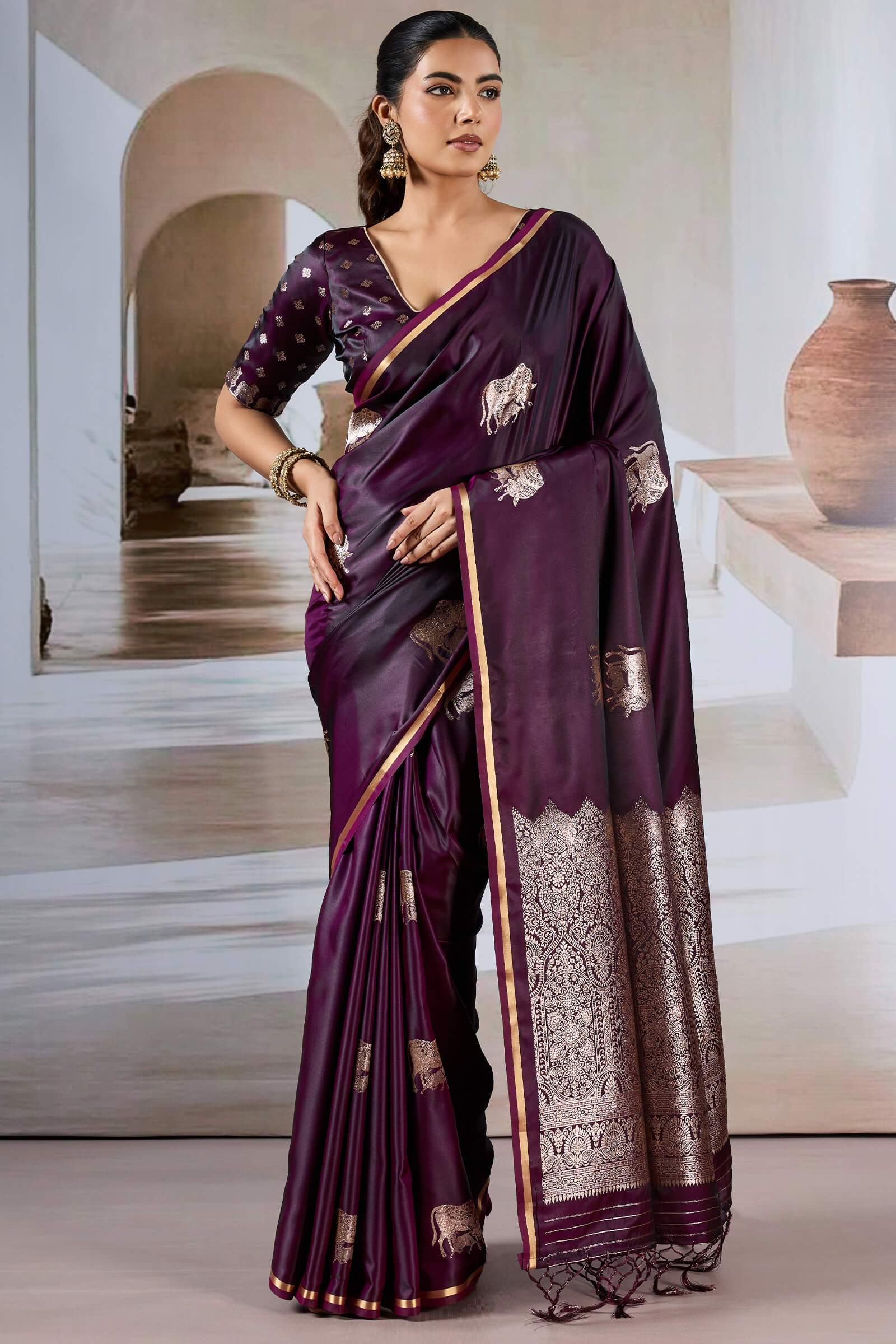 Dazzling Wine Banarasi Satin Silk Saree With Fairytale Blouse