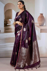 Dazzling Wine Banarasi Satin Silk Saree With Fairytale Blouse