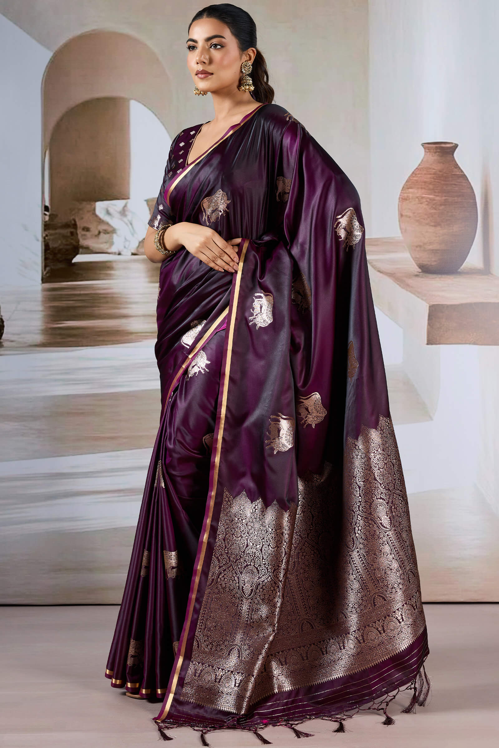 Dazzling Wine Banarasi Satin Silk Saree With Fairytale Blouse