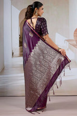 Dazzling Wine Banarasi Satin Silk Saree With Fairytale Blouse