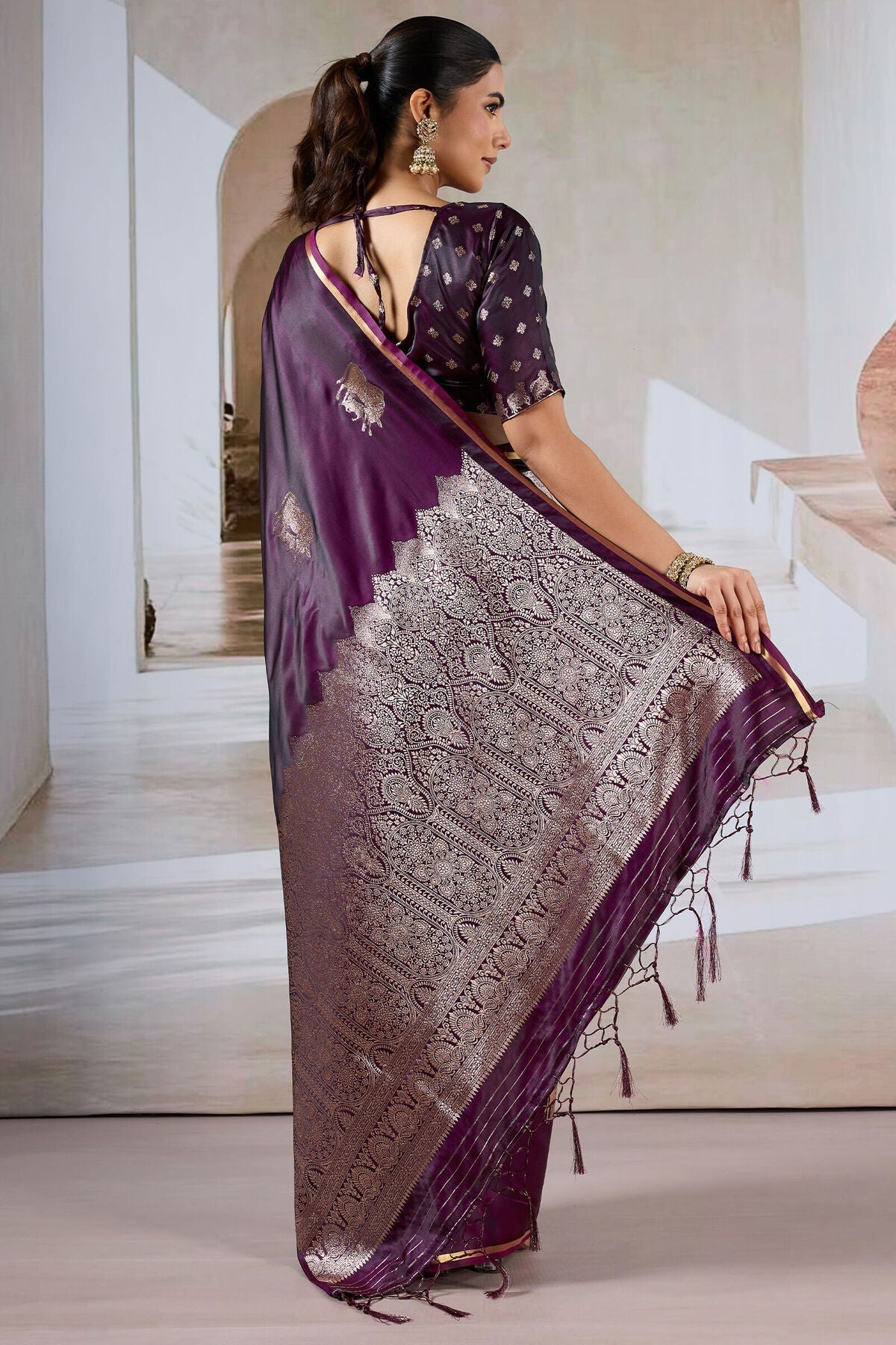 Dazzling Wine Banarasi Satin Silk Saree With Fairytale Blouse