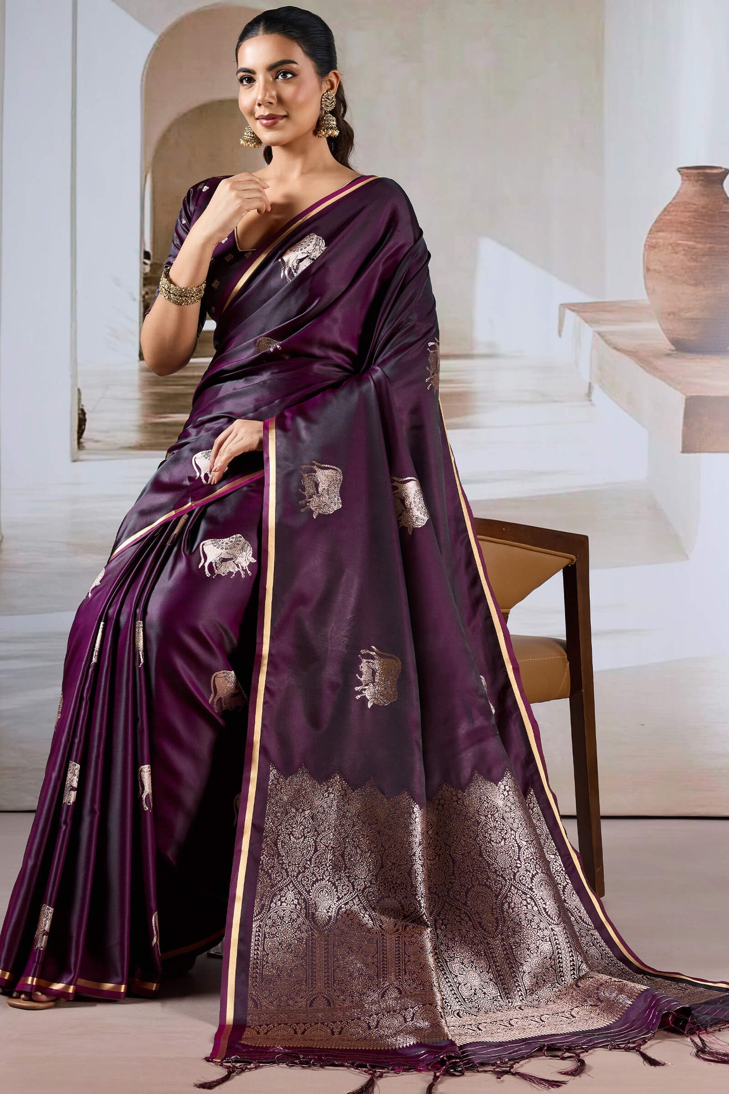 Dazzling Wine Banarasi Satin Silk Saree With Fairytale Blouse