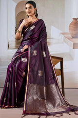Dazzling Wine Banarasi Satin Silk Saree With Fairytale Blouse