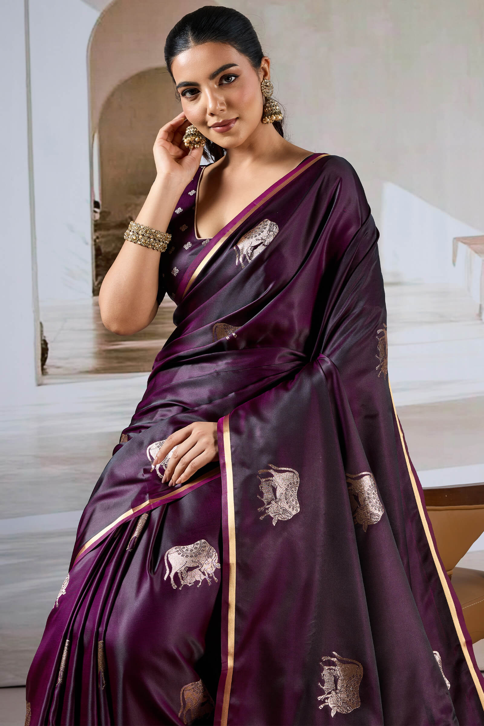 Dazzling Wine Banarasi Satin Silk Saree With Fairytale Blouse