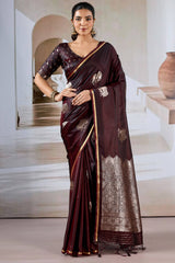Exuberant Brown Banarasi Satin Silk Saree With Glittering Blouse
