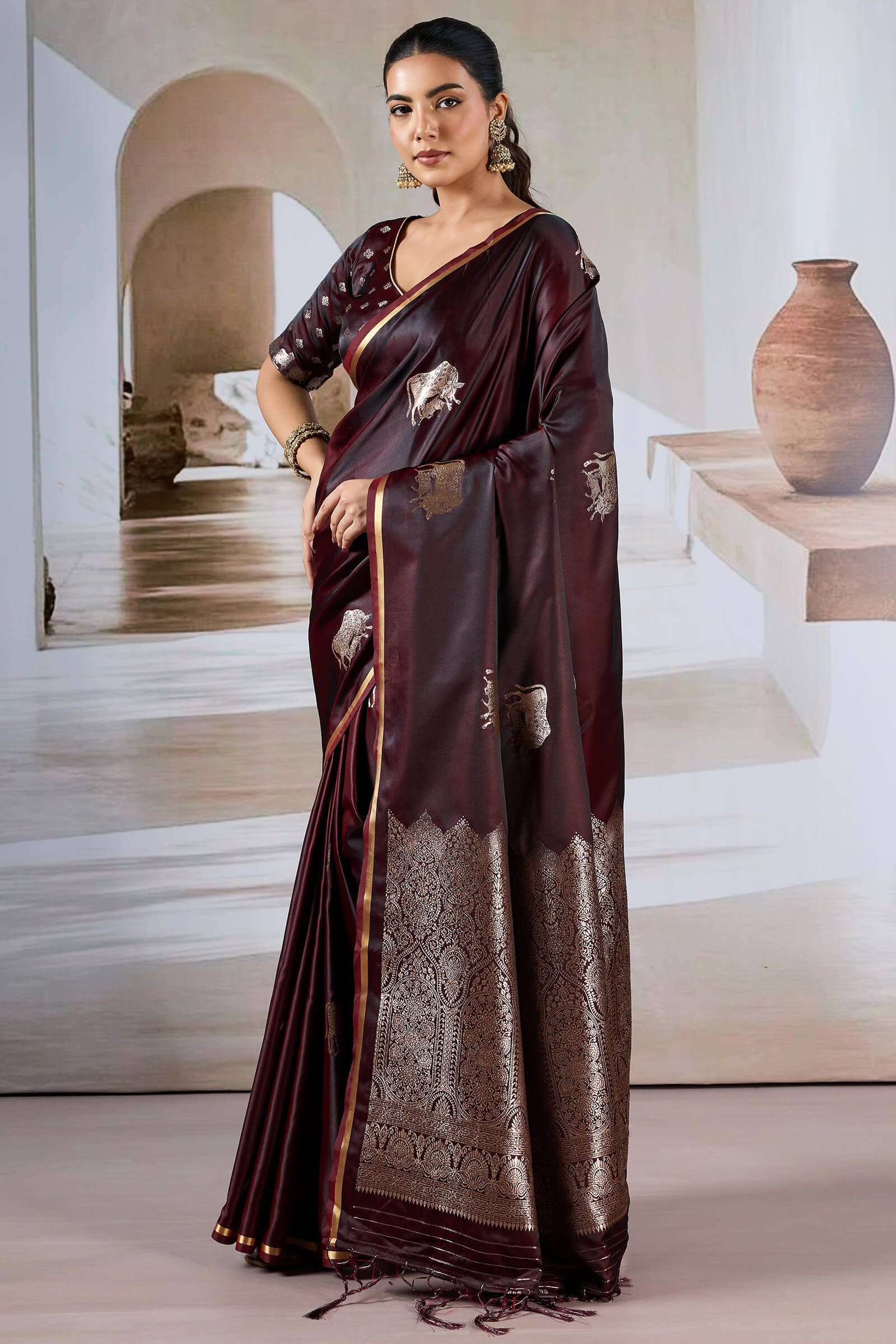 Exuberant Brown Banarasi Satin Silk Saree With Glittering Blouse