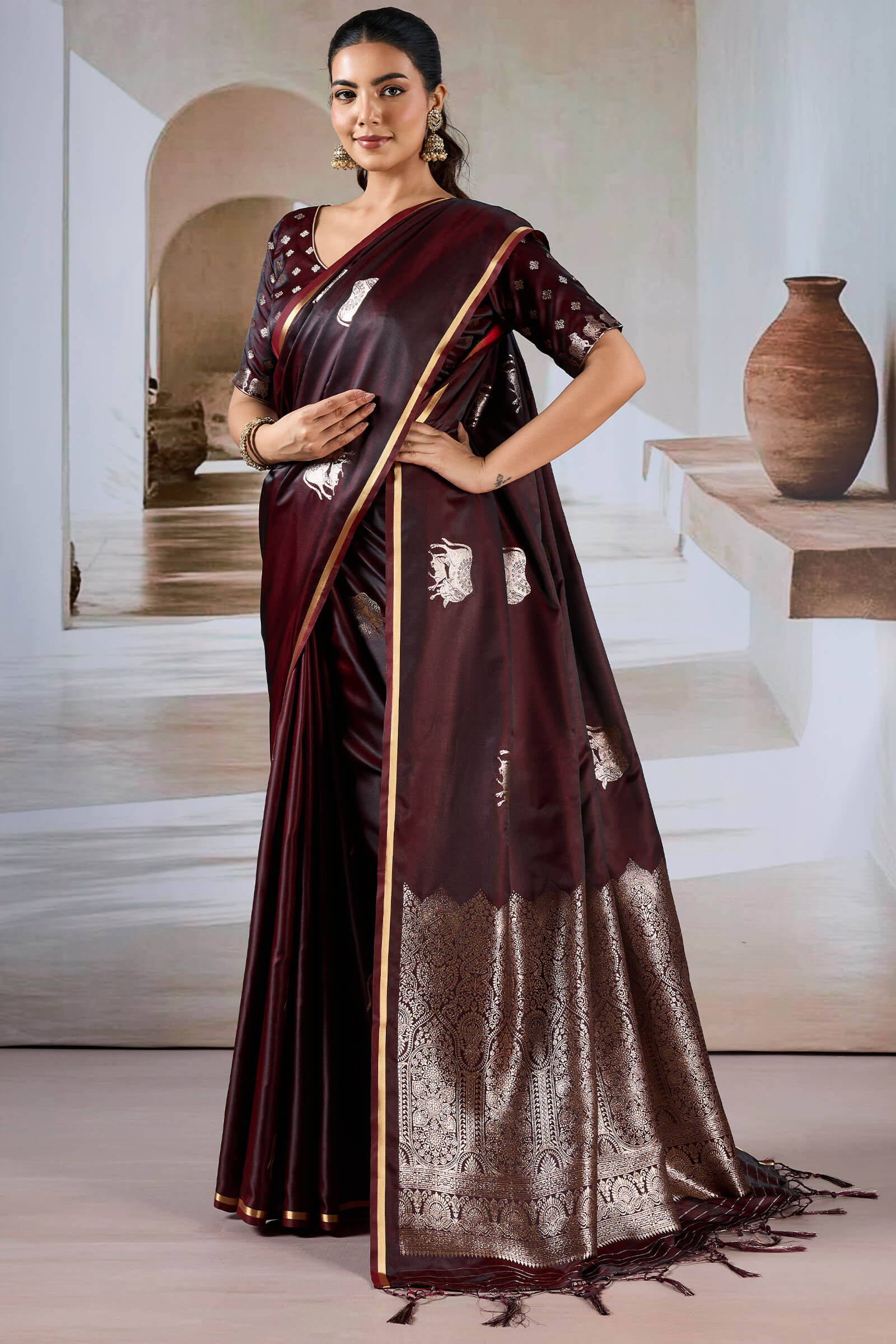 Exuberant Brown Banarasi Satin Silk Saree With Glittering Blouse