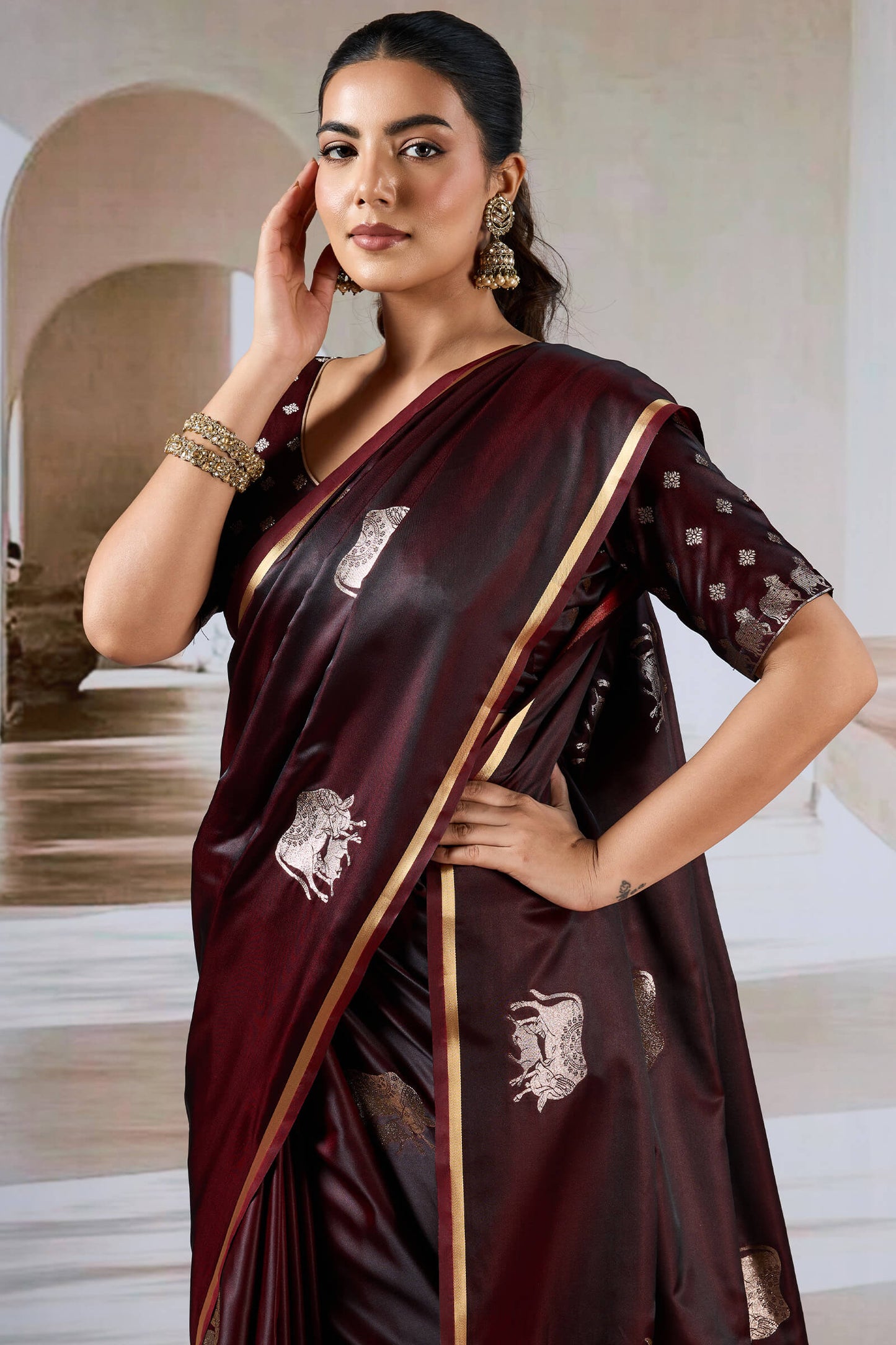 Exuberant Brown Banarasi Satin Silk Saree With Glittering Blouse