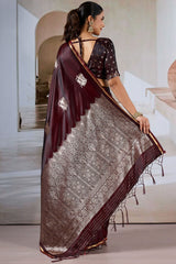 Exuberant Brown Banarasi Satin Silk Saree With Glittering Blouse