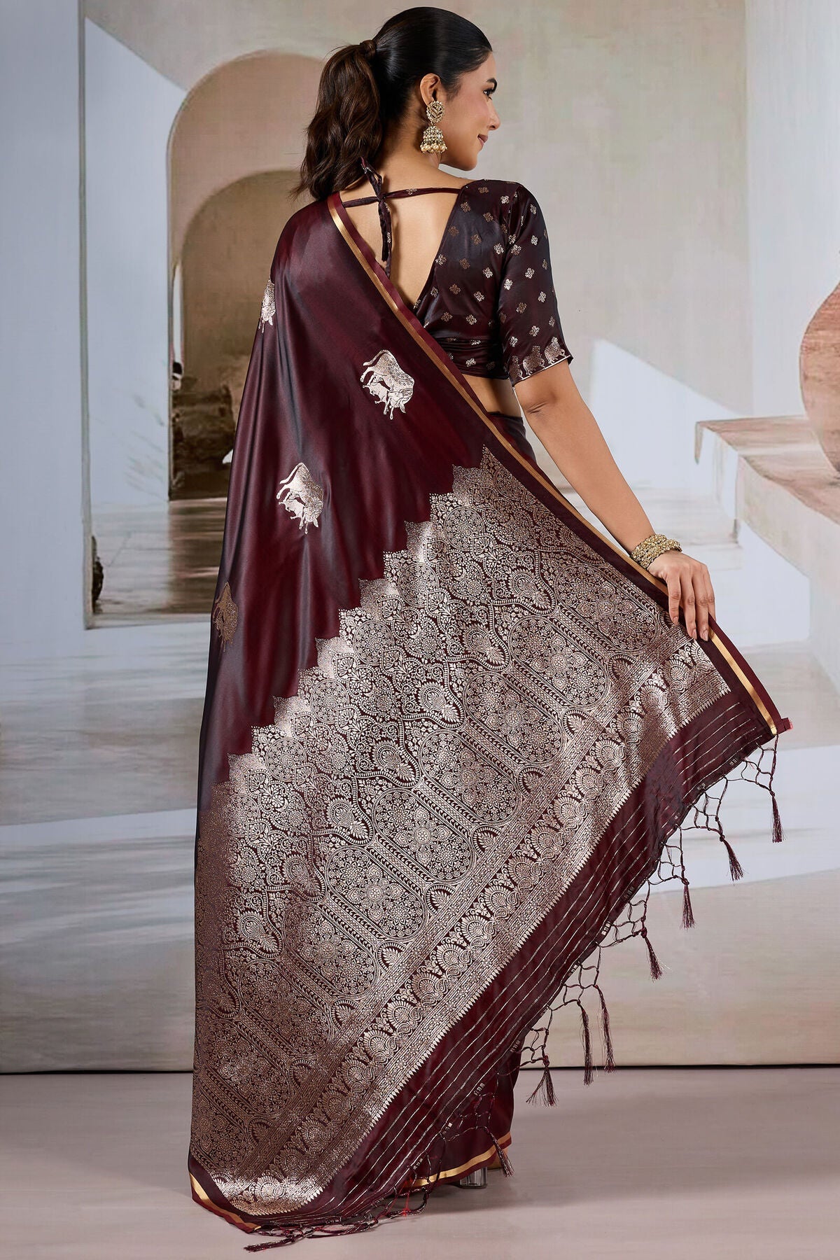 Exuberant Brown Banarasi Satin Silk Saree With Glittering Blouse