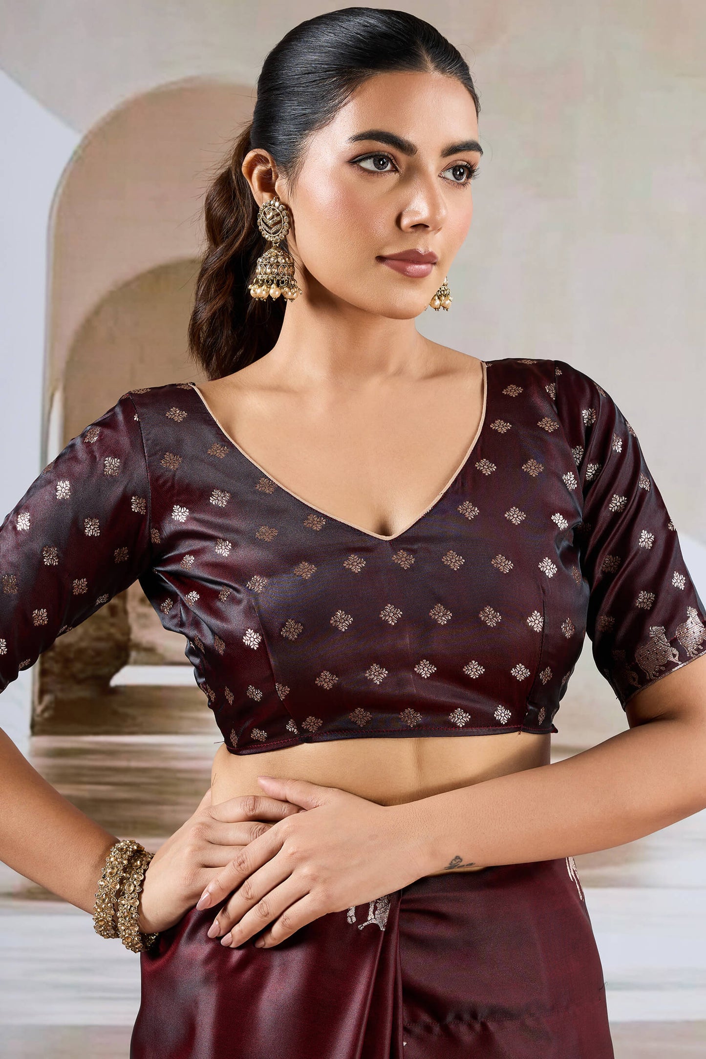 Exuberant Brown Banarasi Satin Silk Saree With Glittering Blouse